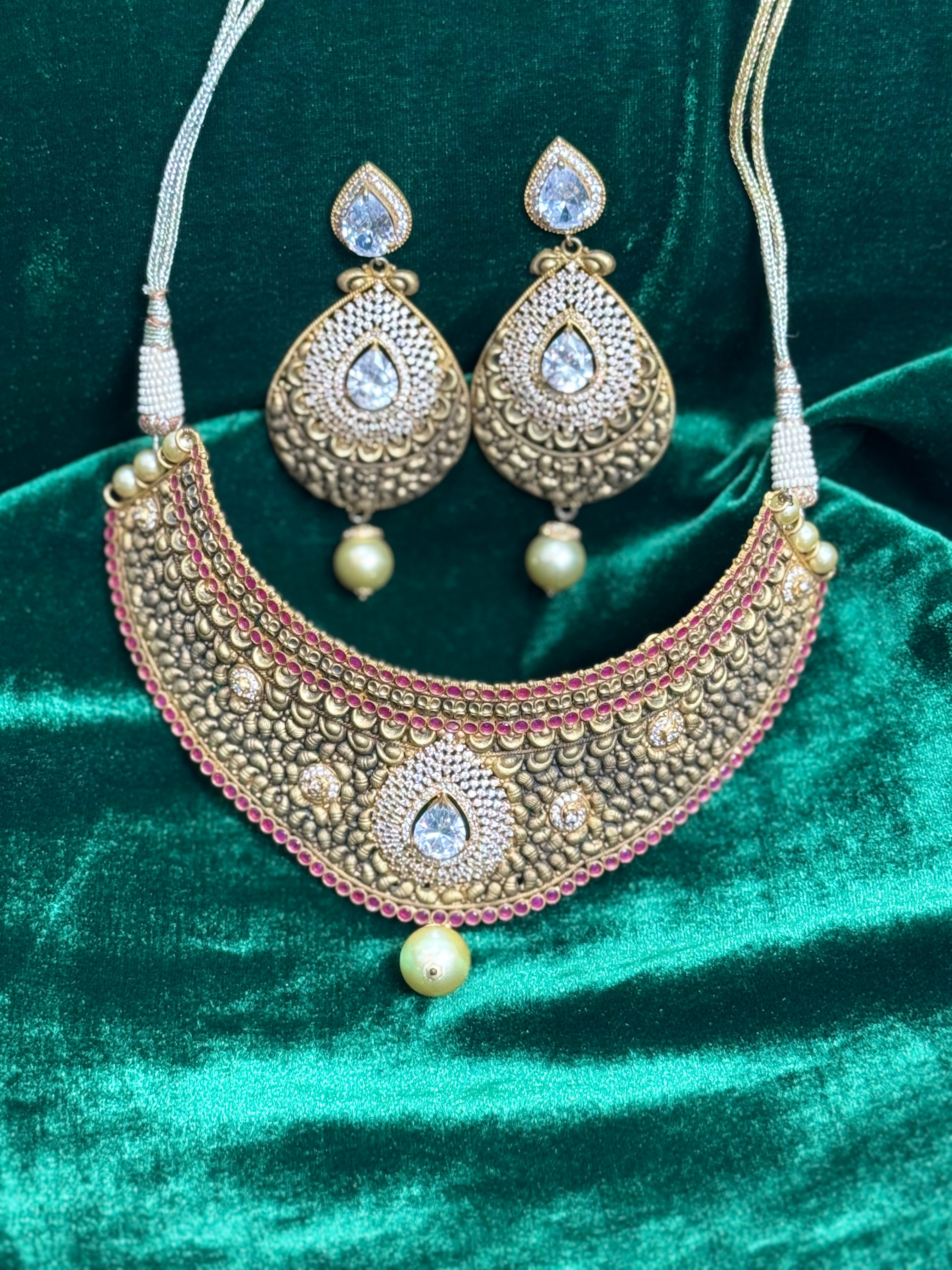 Gold Plated Choker Necklace Set with Pearls, Rubies & Hand Work