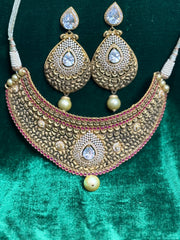Gold Plated Choker Necklace Set with Pearls, Rubies & Hand Work
