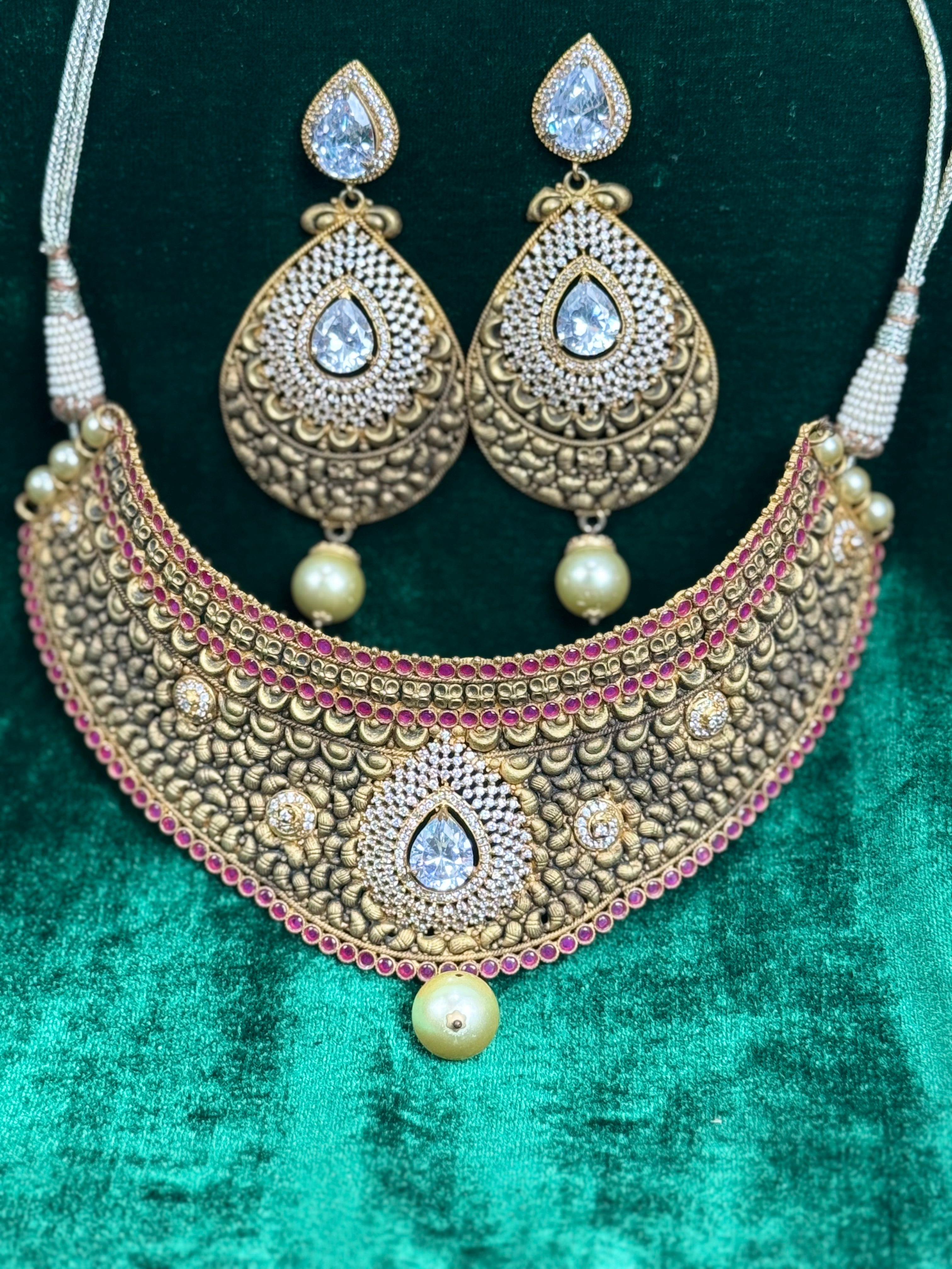 Gold Plated Choker Necklace Set with Pearls, Rubies & Hand Work