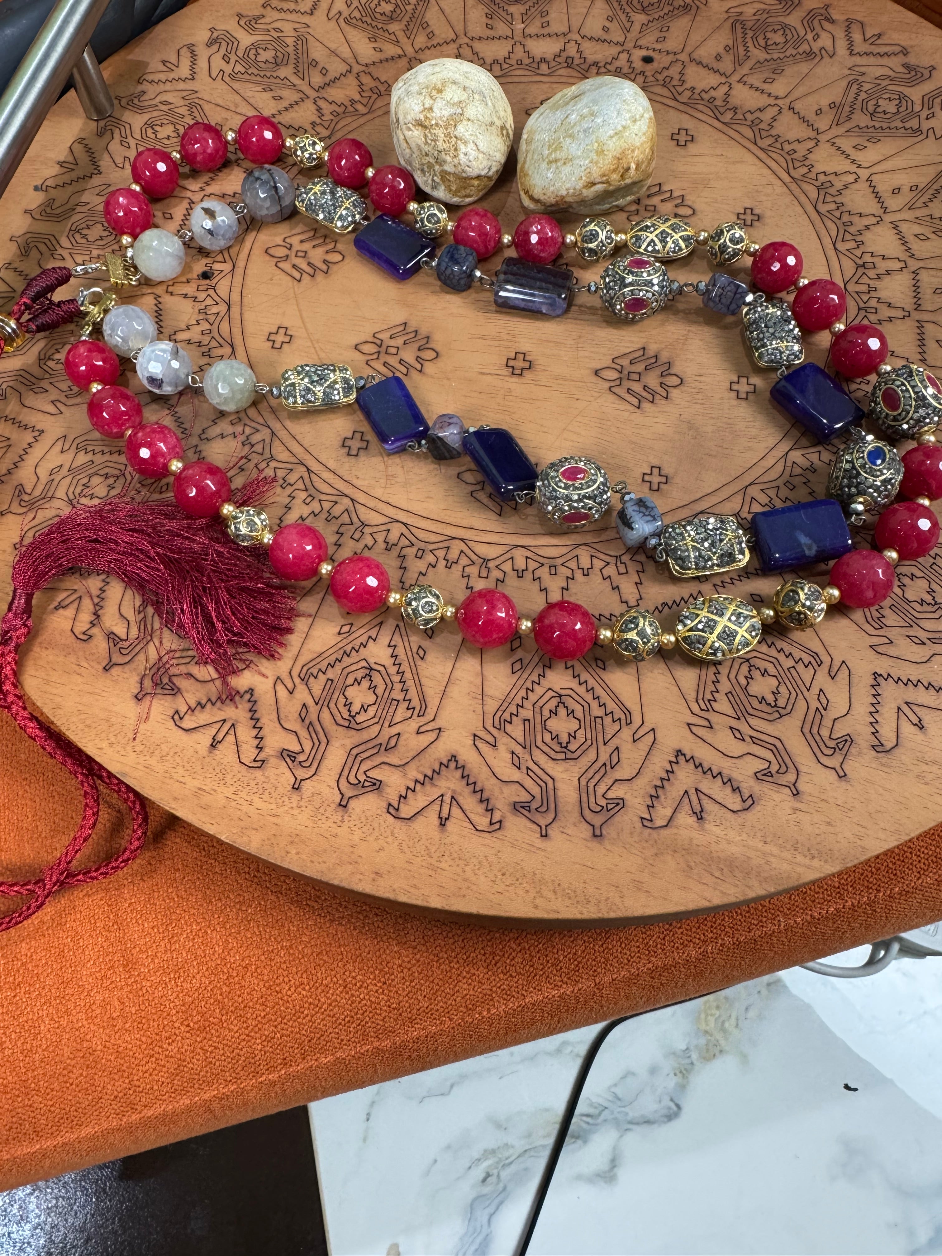 Long Necklace with Turkish Beads, Marble Stones & Glass Work