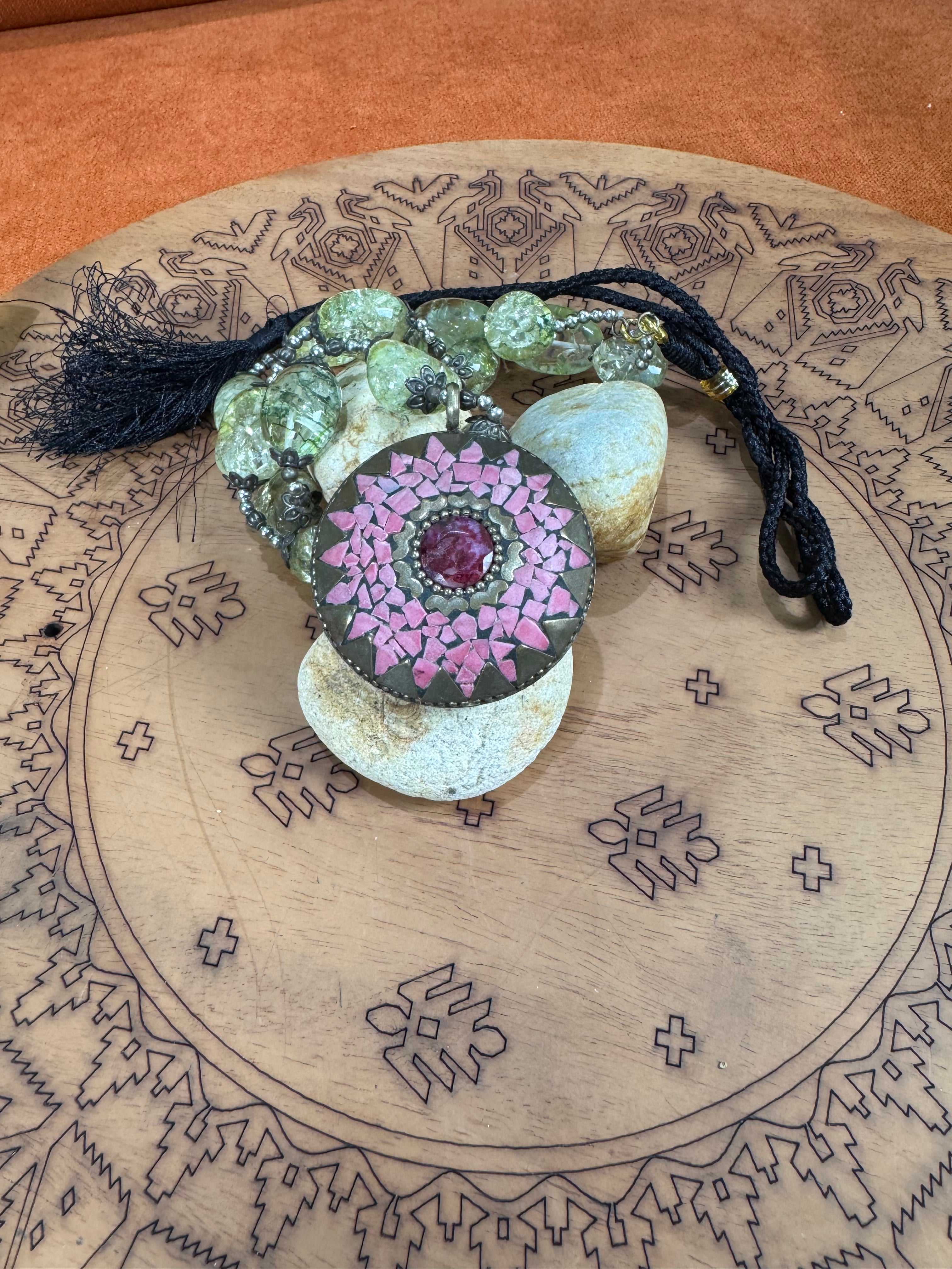 Brass Mosaic Pendant Necklace with Red Stone, Pearls & Beads