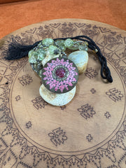 Brass Mosaic Pendant Necklace with Red Stone, Pearls & Beads