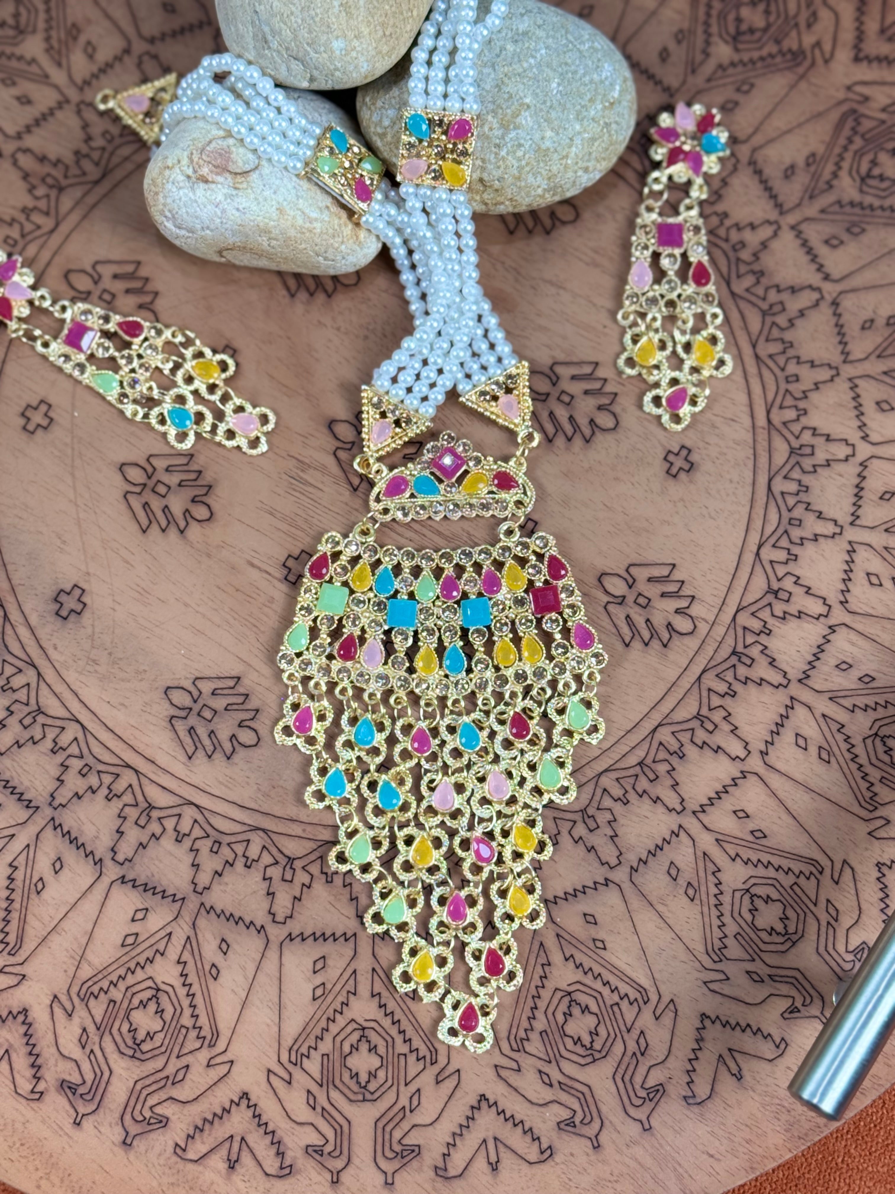 Gold Plated Multicolor Necklace Set with Pearls & Stones