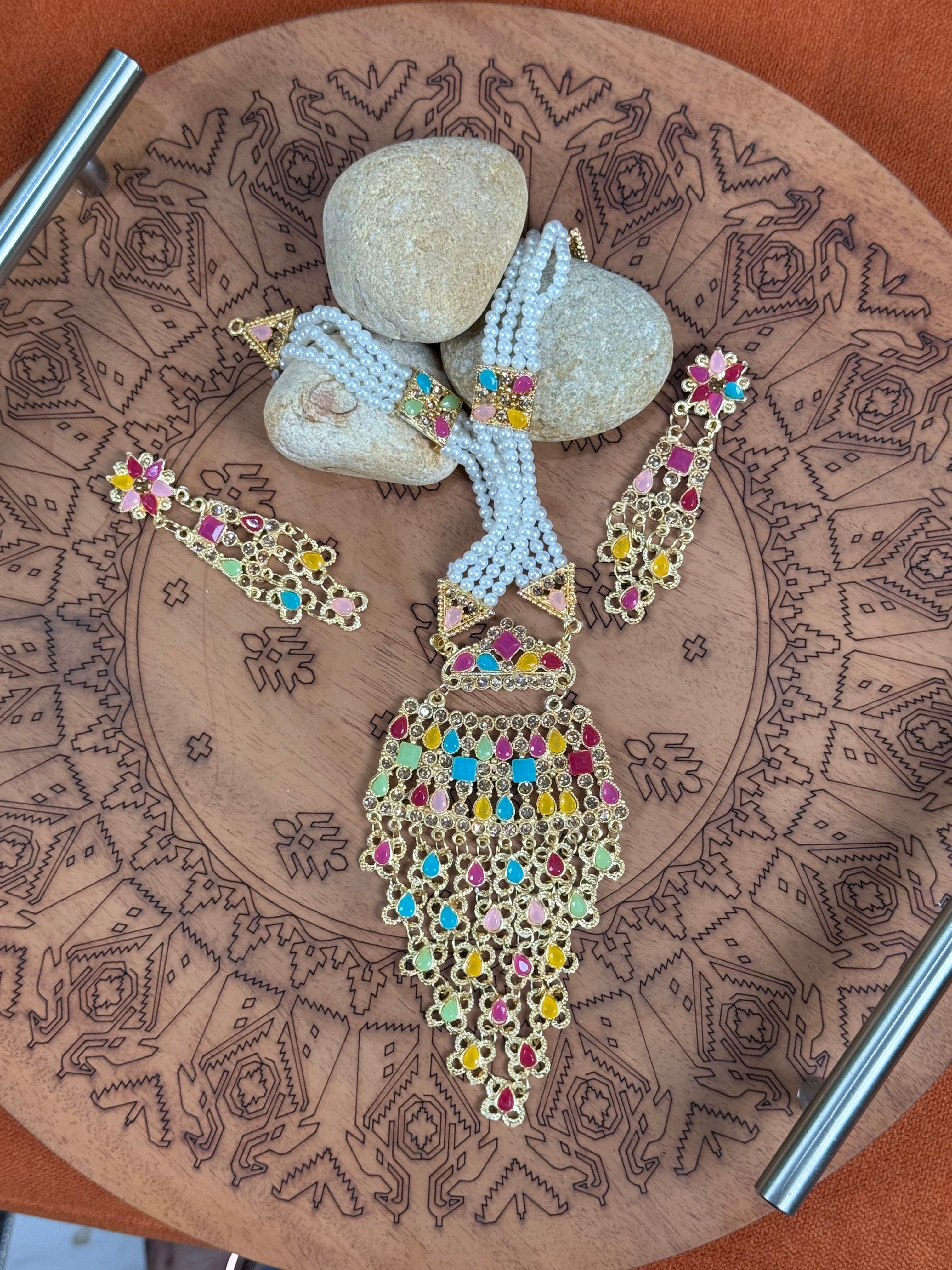 Gold Plated Multicolor Necklace Set with Pearls & Stones