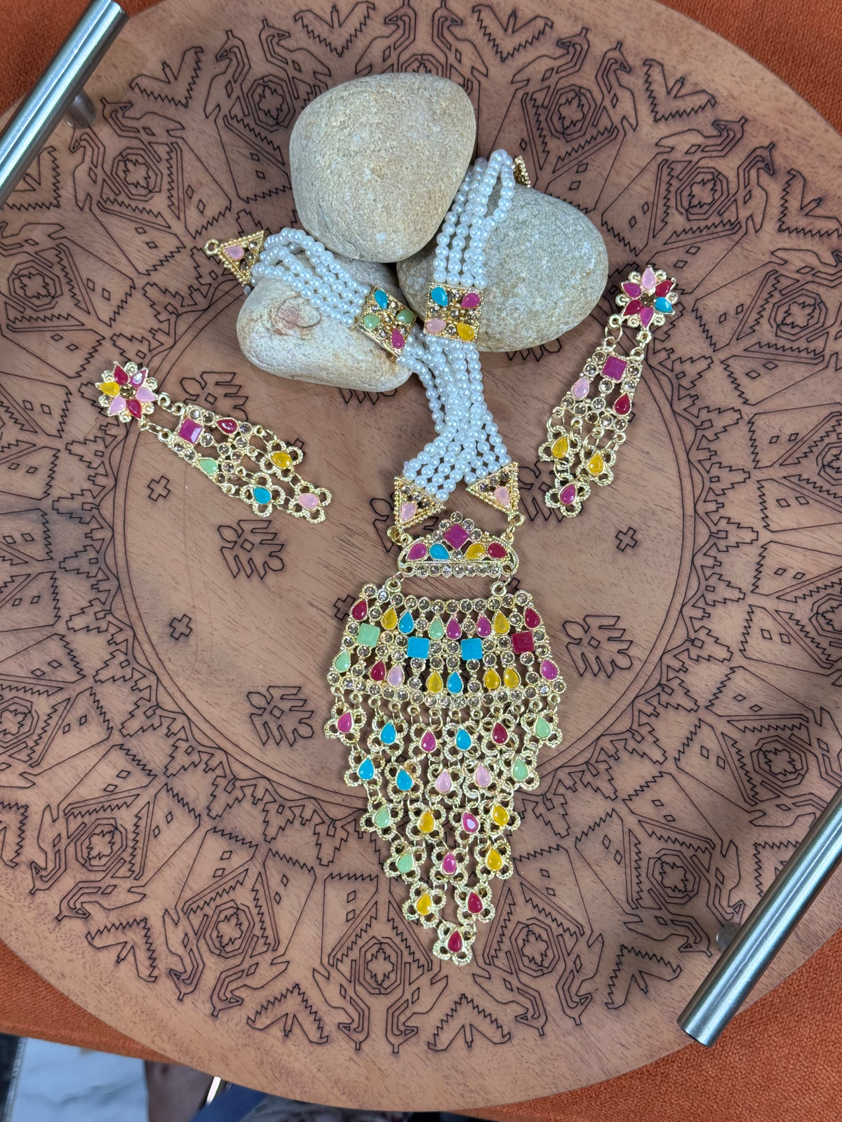 Gold Plated Multicolor Necklace Set with Pearls & Stones