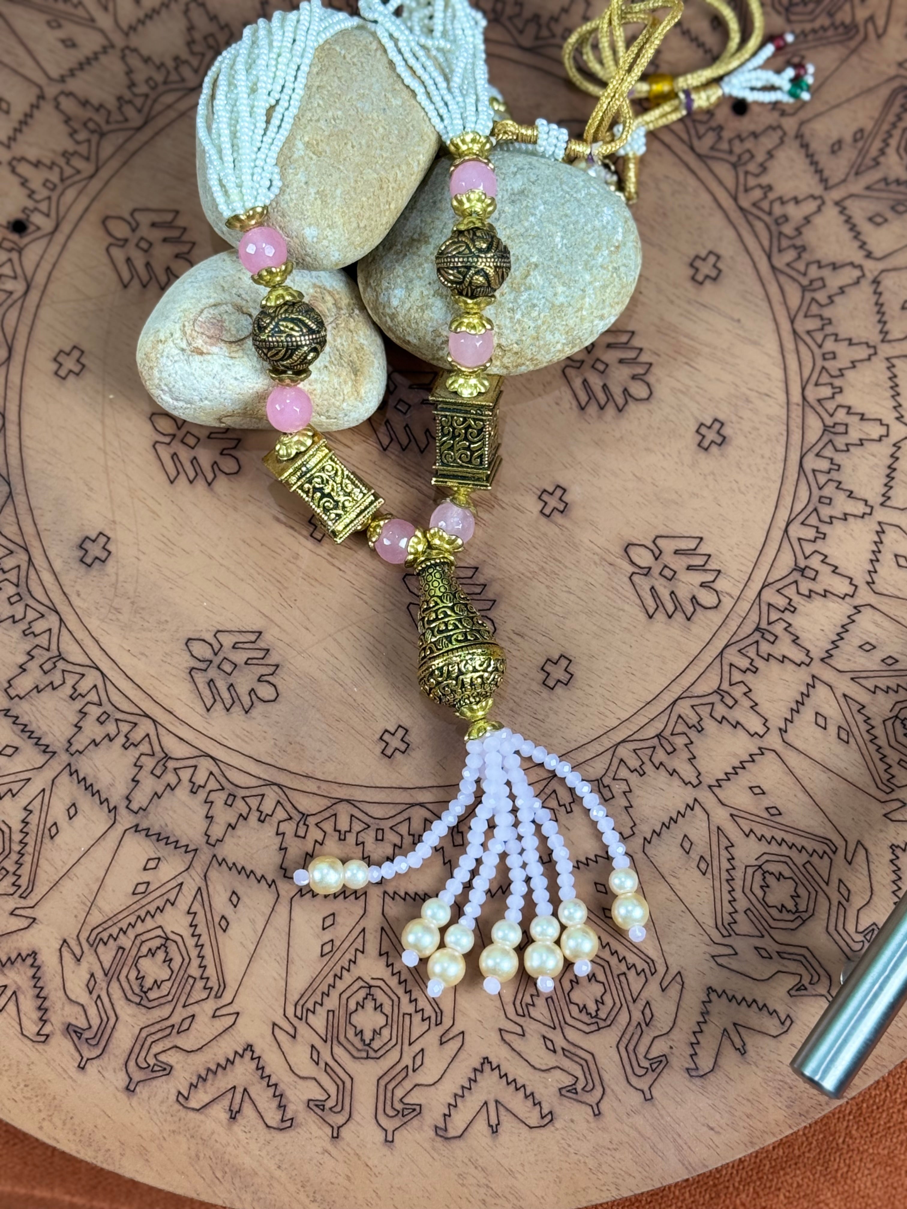 Silver-Toned Necklace with Pearls, Beads & Pink Stone Accents