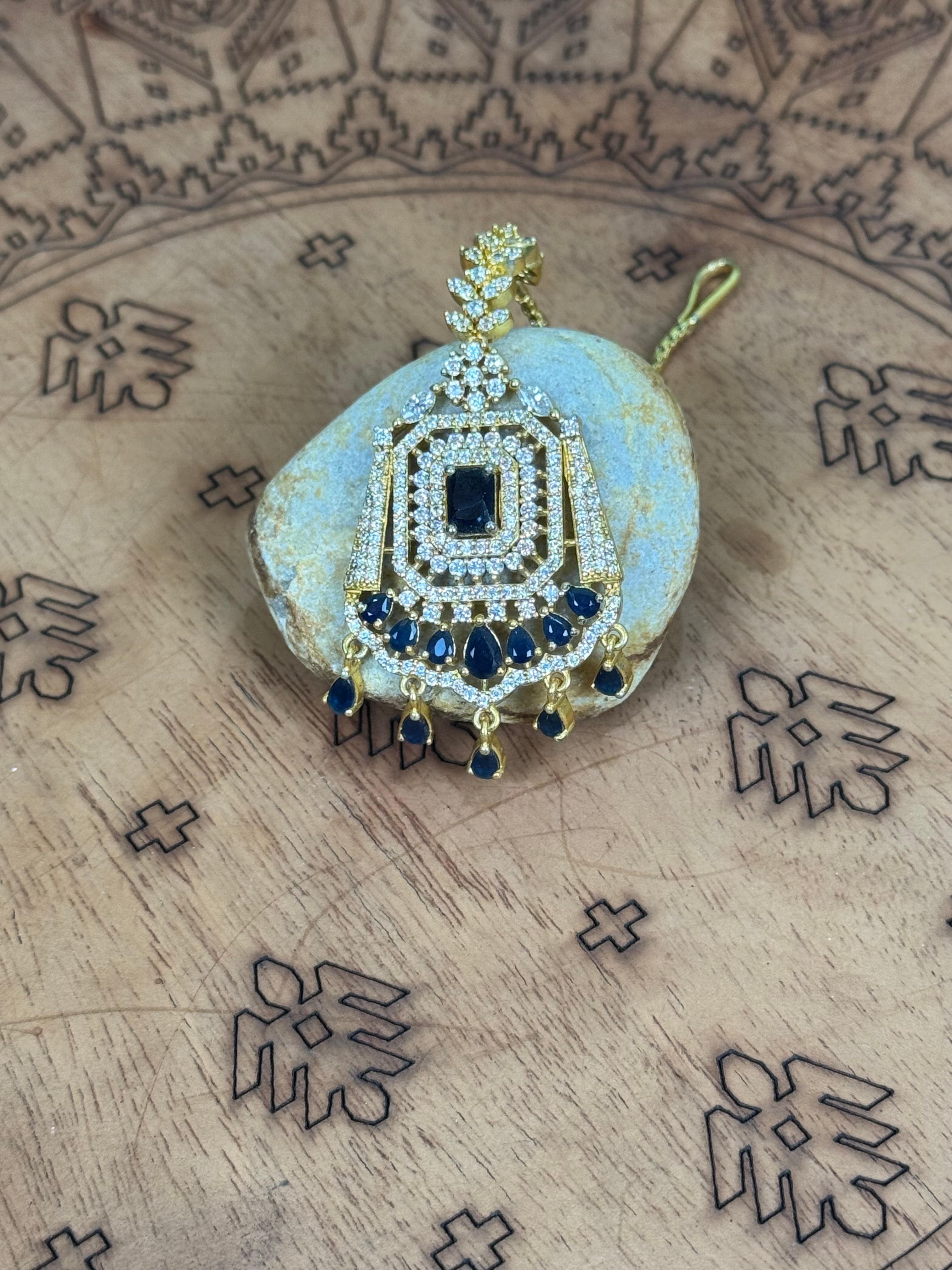 Gold-Plated Princess Cut Tikli Pendant with Blue Stone Detailing