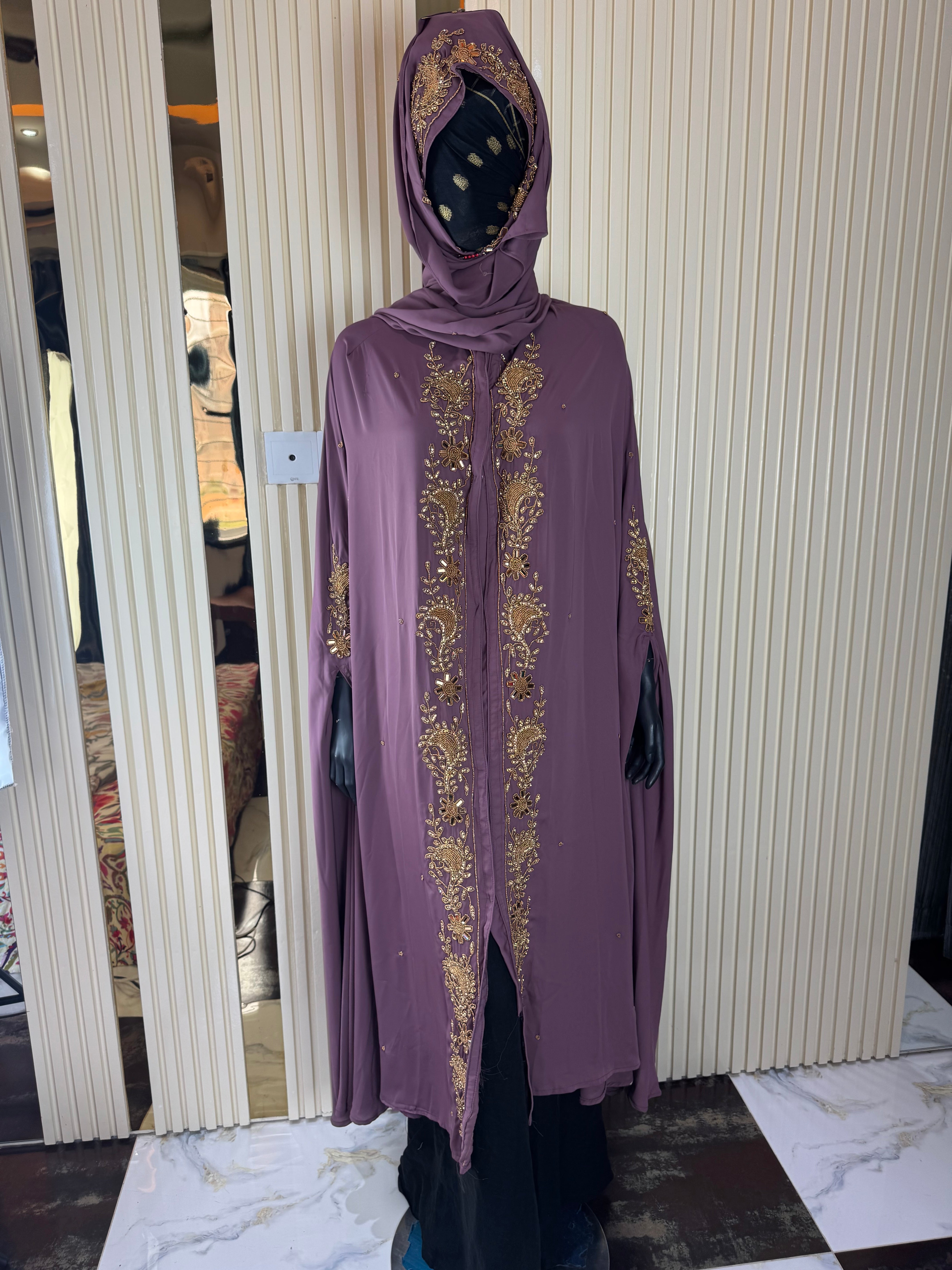 Plum Abaya with Golden Embroidery – Free Size