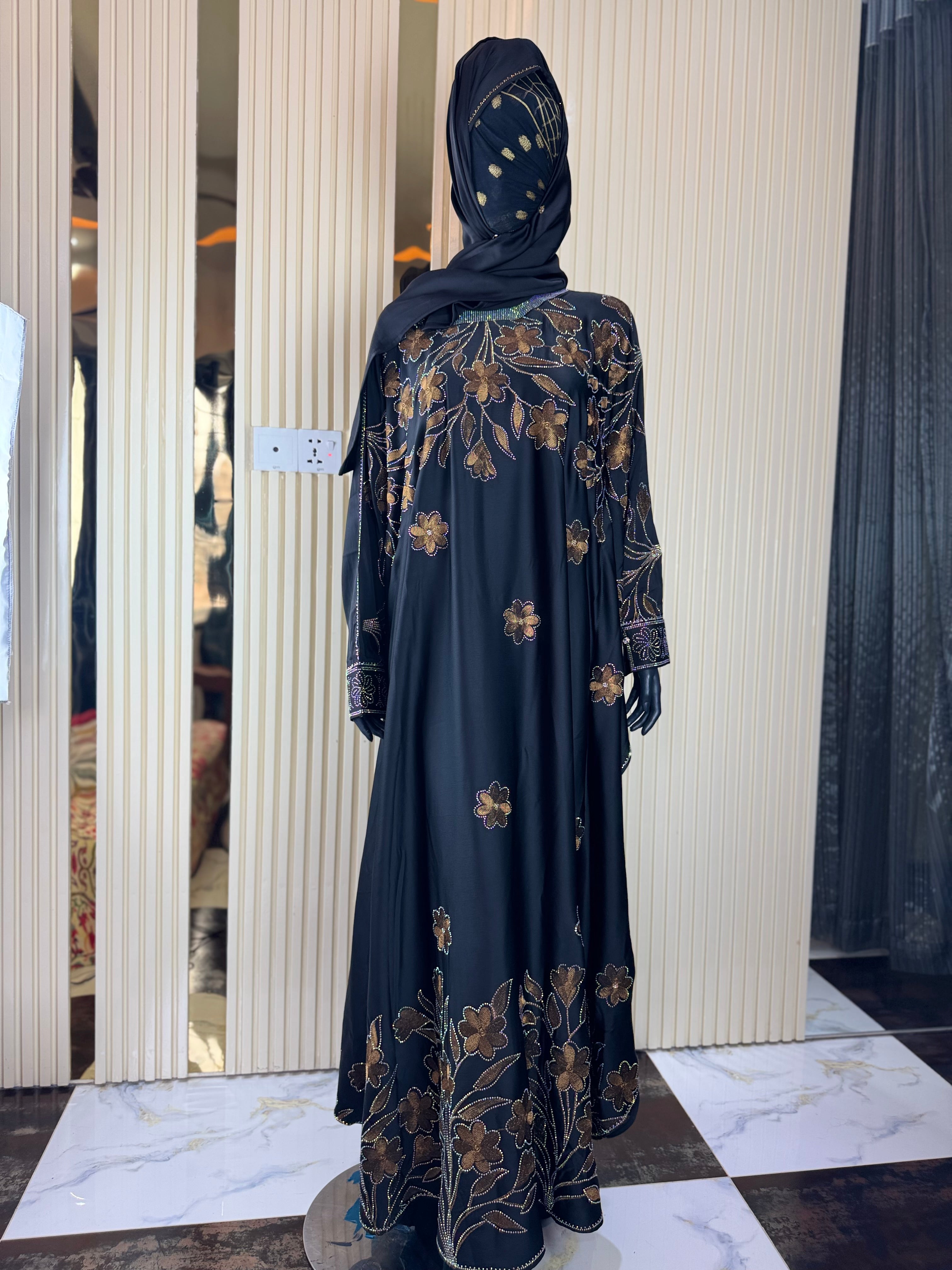 Black Abaya with Golden Embroidery & Matching Scarf – Size 56