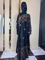 Black Abaya with Golden Embroidery & Matching Scarf – Size 56