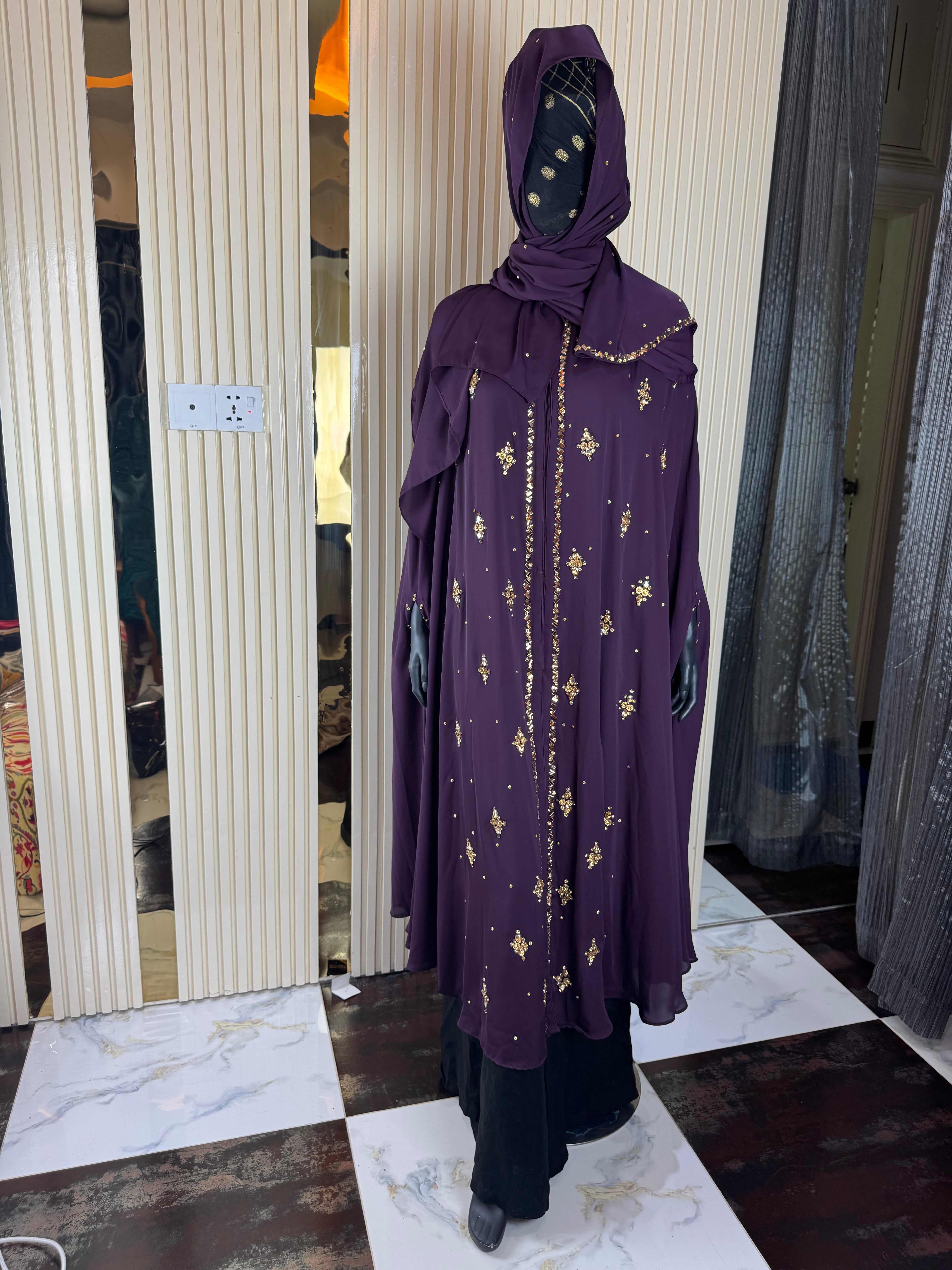 Plum Abaya with Golden Embroidery & Matching Scarf – Free Size