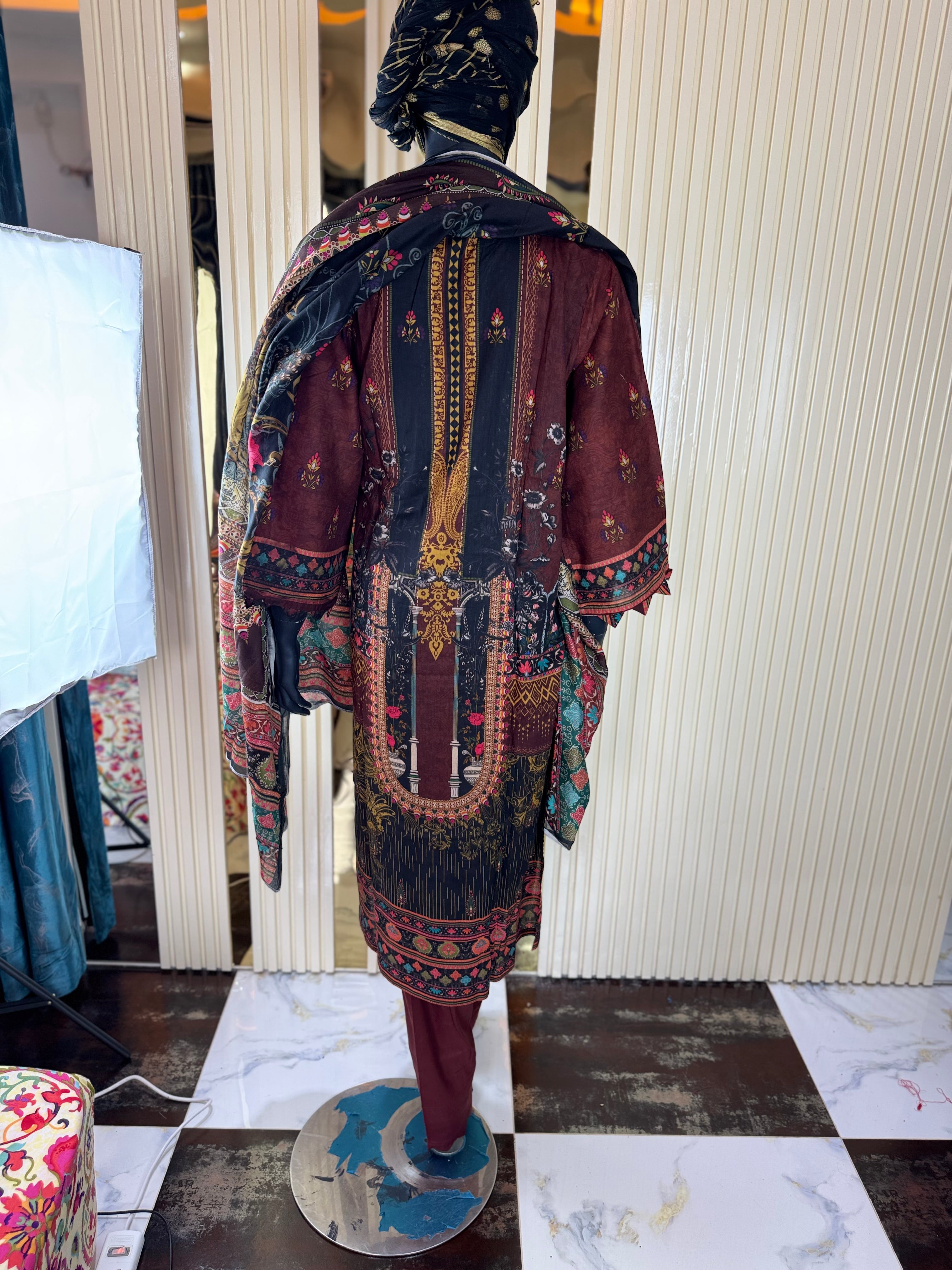 Maroon Cotton Printed Suit with Golden Accents – Size 46