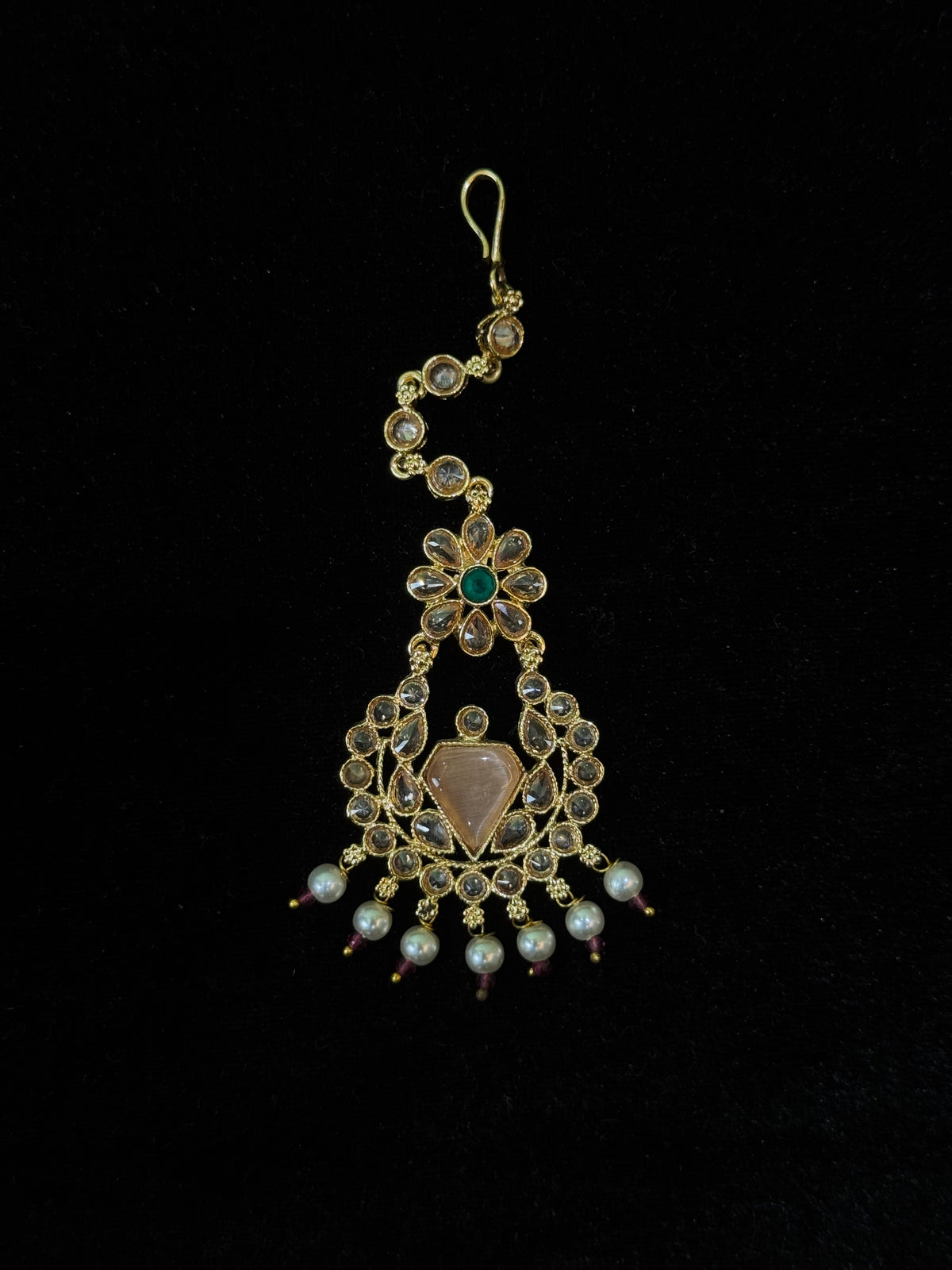 Gold-Plated Stone Tikli with Elegant Design & Pearl Drops