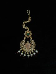 Gold-Plated Stone Tikli with Elegant Design & Pearl Drops