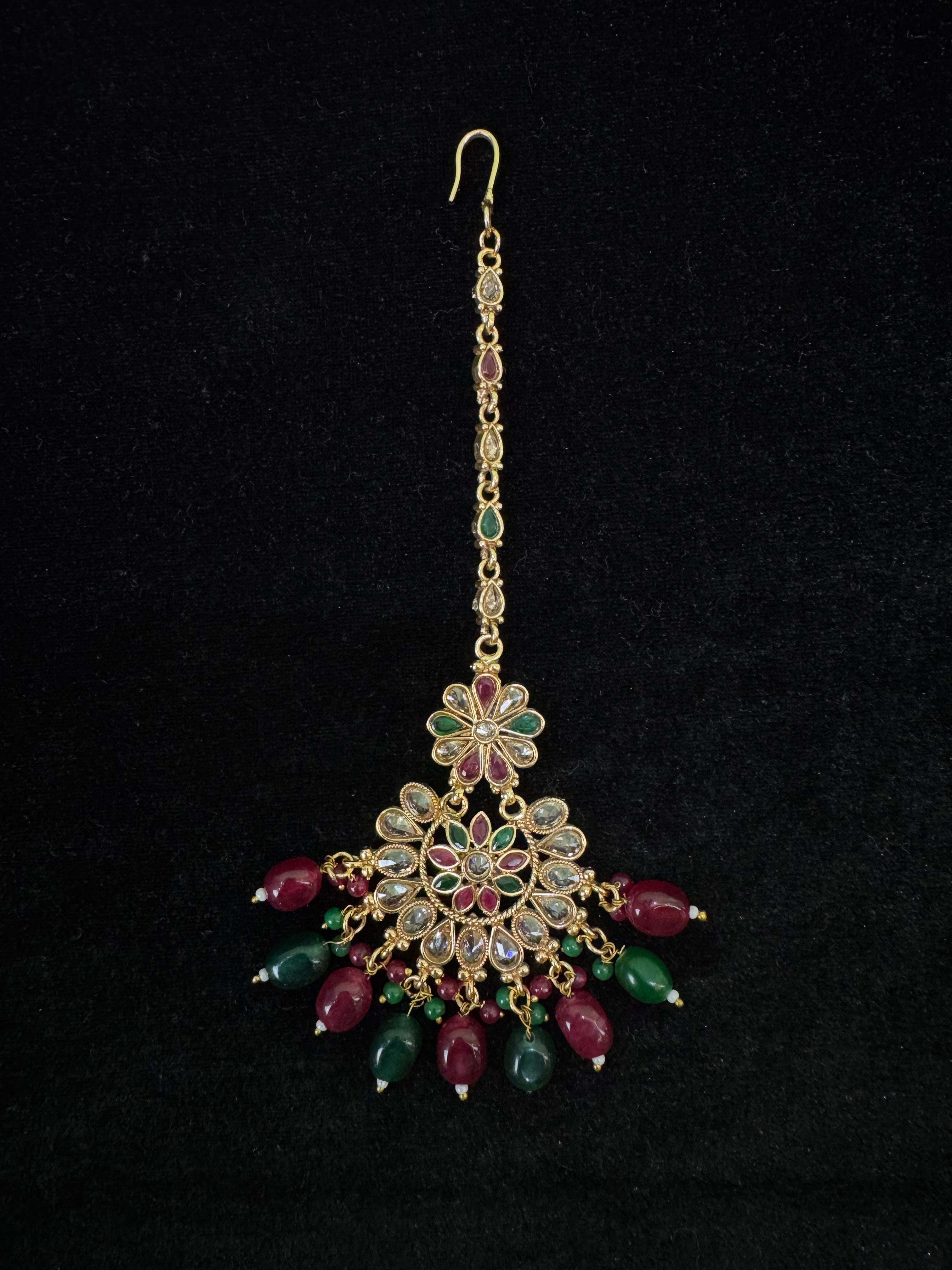 Gold-Plated Ruby, Pearl & Sapphire Tikli – Ornamental Elegance
