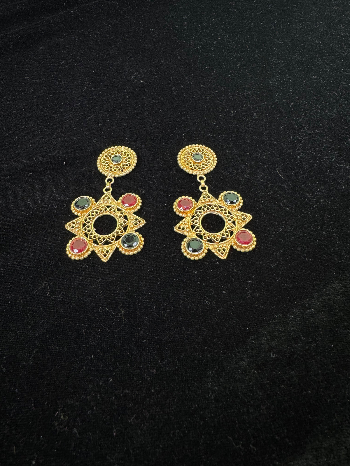 Gold-Plated Brass Earrings with Floral Design & Vibrant Detailing