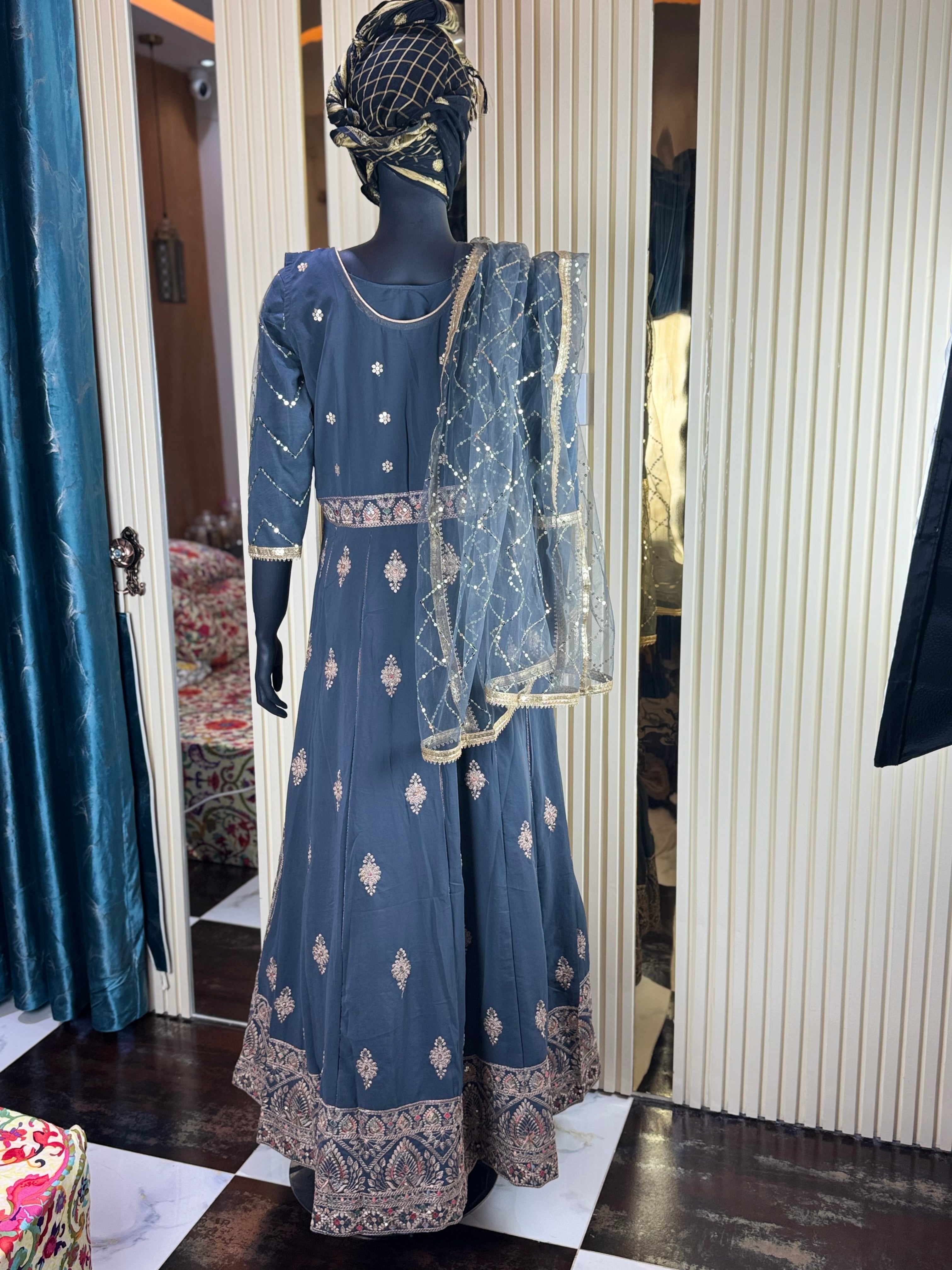 Ocean Wave Hand-Embroidered Skirt & Blouse Set with Dupatta