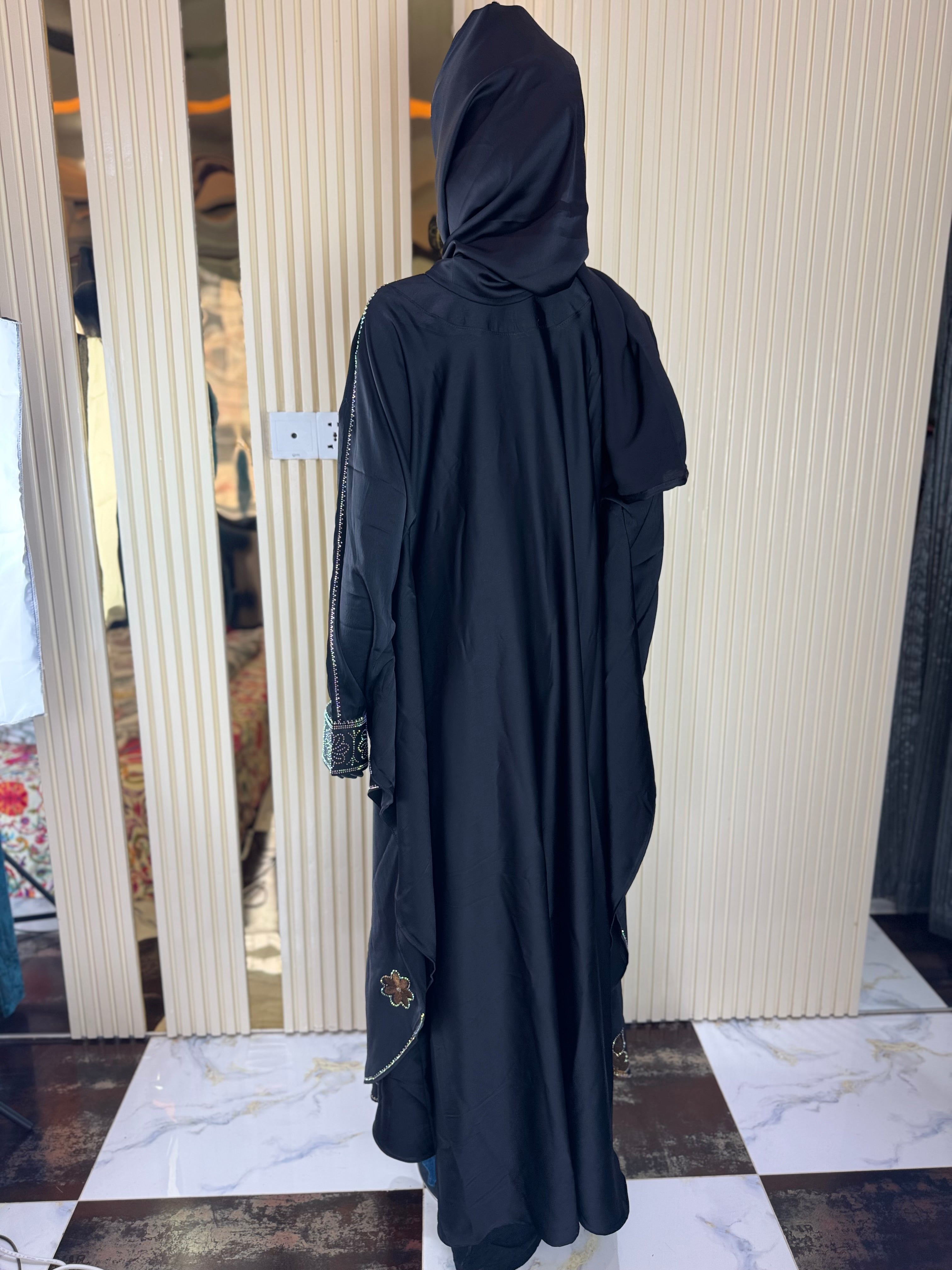 Black Abaya with Golden Embroidery & Matching Scarf – Size 56