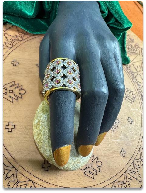 Wide Band Floral Ring with Diamond & Ruby Accents