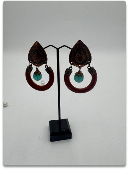 Vintage-Inspired Brass and Wood Earrings with Turquoise Accent