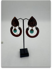 Vintage-Inspired Brass and Wood Earrings with Turquoise Accent