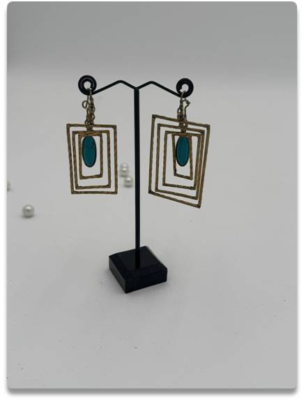Handcrafted Gold-Toned Geometric Brass Earrings with Turquoise Stone