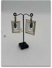 Handcrafted Gold-Toned Geometric Brass Earrings with Turquoise Stone