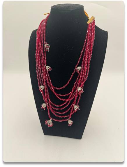 Red Beaded Necklace with Silver-Toned Jhumka Charms