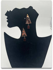 Handcrafted Copper-Toned Geometric Earrings with Stone and Pearl Drop