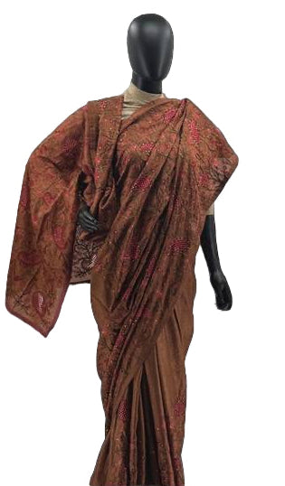 Brown Sardoal Saree with Pink and Red Floral Embroidery and Multicolor Detailing