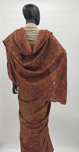 Brown Sardoal Saree with Pink and Red Floral Embroidery and Multicolor Detailing