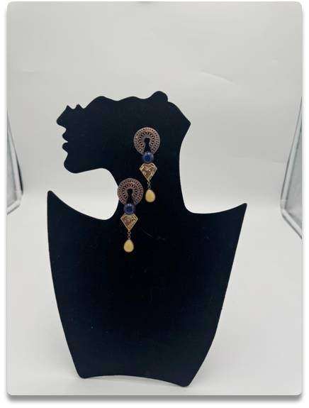 Vintage-Style Copper Drop Earrings with Blue and Yellow Beads