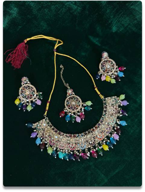 Multicolor Kundan Necklace & Earring Set – Gold-Plated Regal Design
