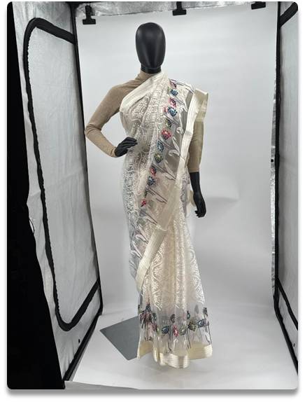 Elegant White Tissue Silk Saree with Delicate Floral Embroidery