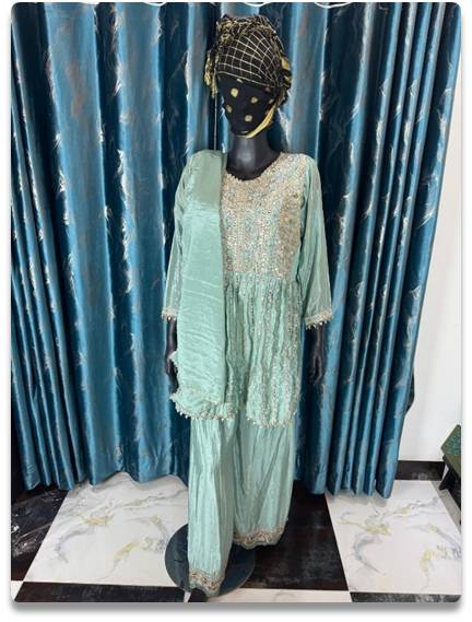 Pastel Green Silk Sharara Suit – Elegant Festive Wear (Size 46)