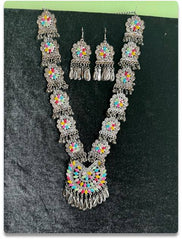 Elegant Silver-Tone Necklace & Earrings Set with Colorful Accents