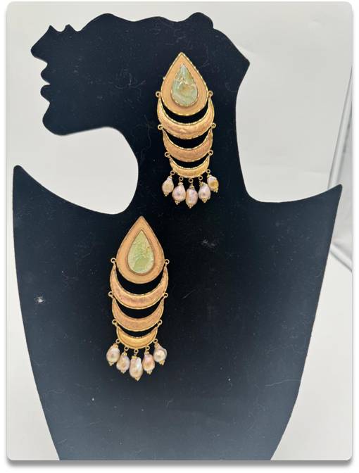 Gold-Toned Green Gemstone & Pearl Earrings