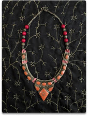 Tribal-Inspired Red Coral & Silver-Toned Handmade Necklace