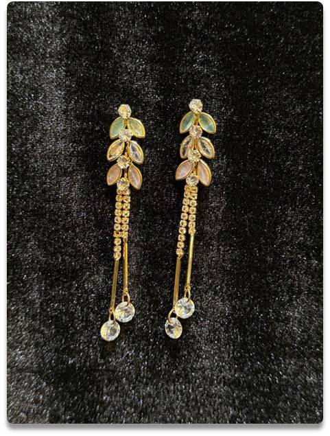 Golden Leaf Drop Earrings with Crystal Accents