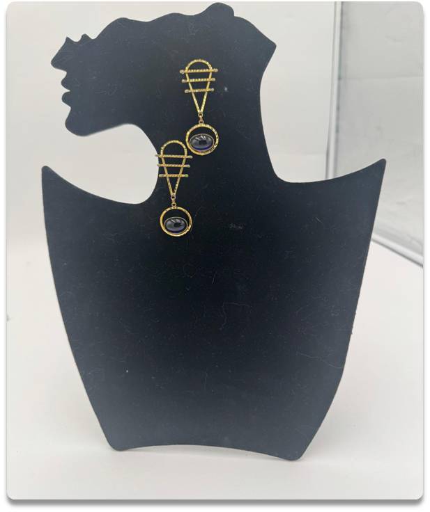 Gold-Toned Dangle Earrings with Dark Oval Stones