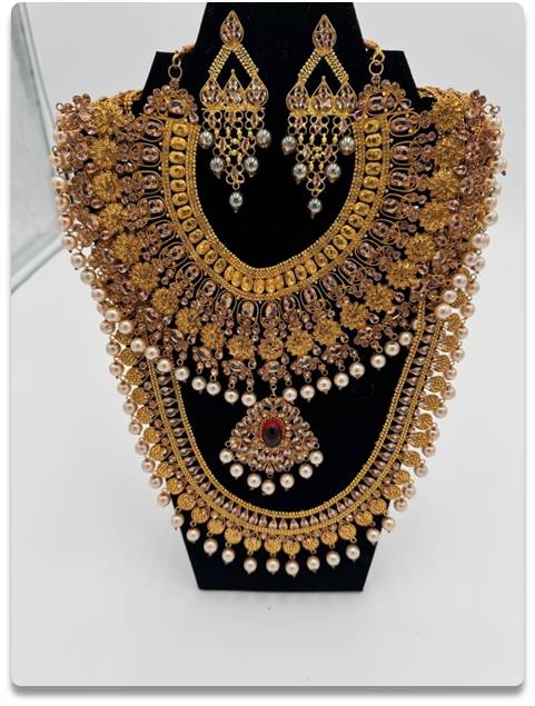 Gold Plated Bridal Layered Necklace Set with Earrings & Pendant