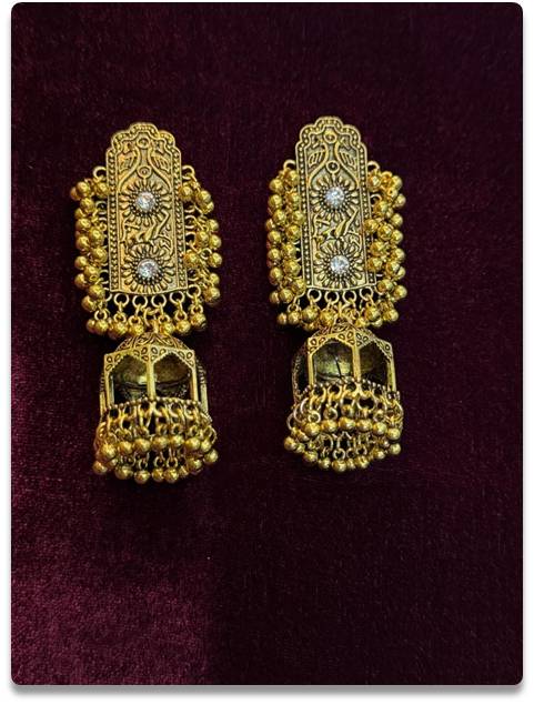 Antique Gold-Toned Jhumka Earrings with Intricate Detailing