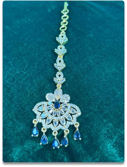 Exquisite Maang Tikka with Cubic Zirconia and Blue Centerpiece