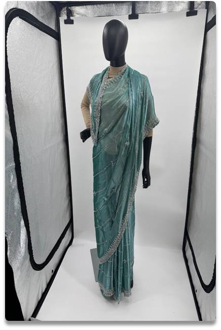 Elegant Turquoise Jinocho Jorjet Saree with Silver Handwork Border