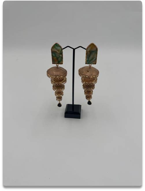 Ornate Golden Jhumka Earrings with Green & Brown Accents