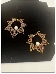 Handcrafted Copper Floral Hoop Earrings with Pearl Accent