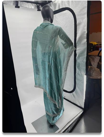 Elegant Turquoise Jinocho Jorjet Saree with Silver Handwork Border