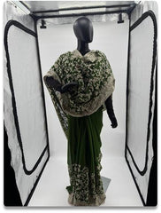 Elegant Green Party Saree with Silver Embroidery and Stonework