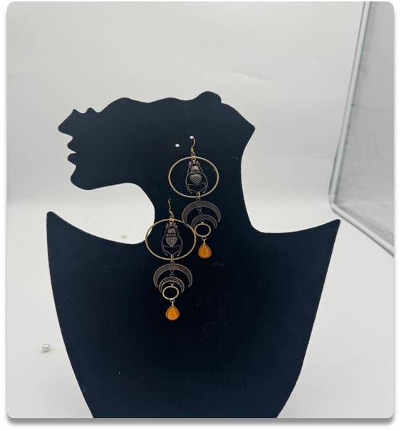 Scarab Beetle and Crescent Moon Earrings with Amber Teardrop Stones