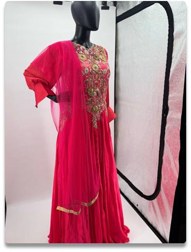 Vibrant Fuchsia Satin Gown with Gold Embroidery